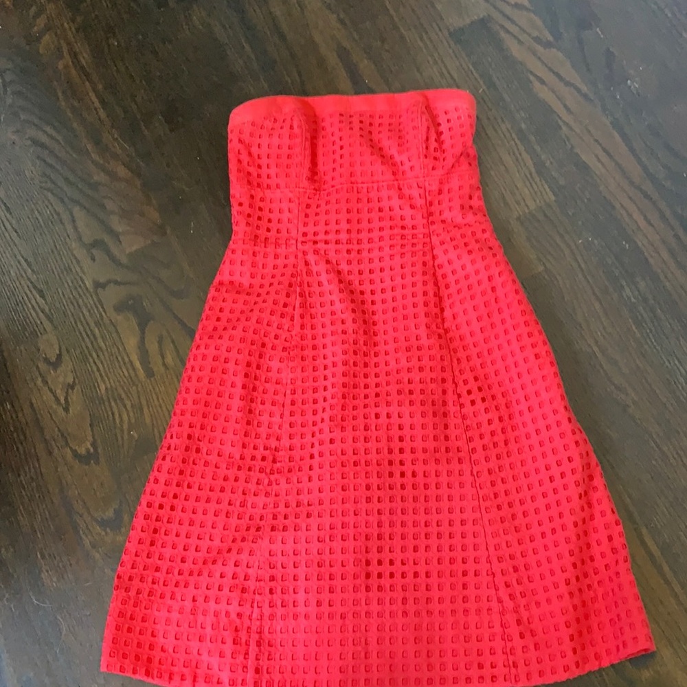 Red strapless day dress